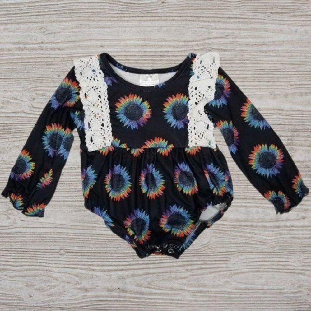 Black Rainbow Sunflower Long Sleeve Bodysuit